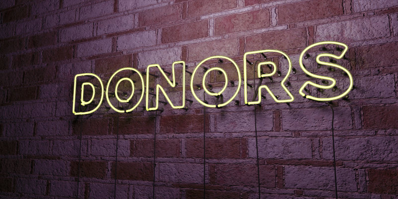 Glowing Neon Sign with the word " Donors" on stonework wall wi