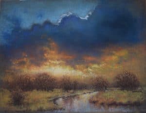 Painting by Aaron's father, Roger Ambrosier, titled "Sacred Silence". Landscape painting showing storm clouds over a winding meadow stream at sunset.