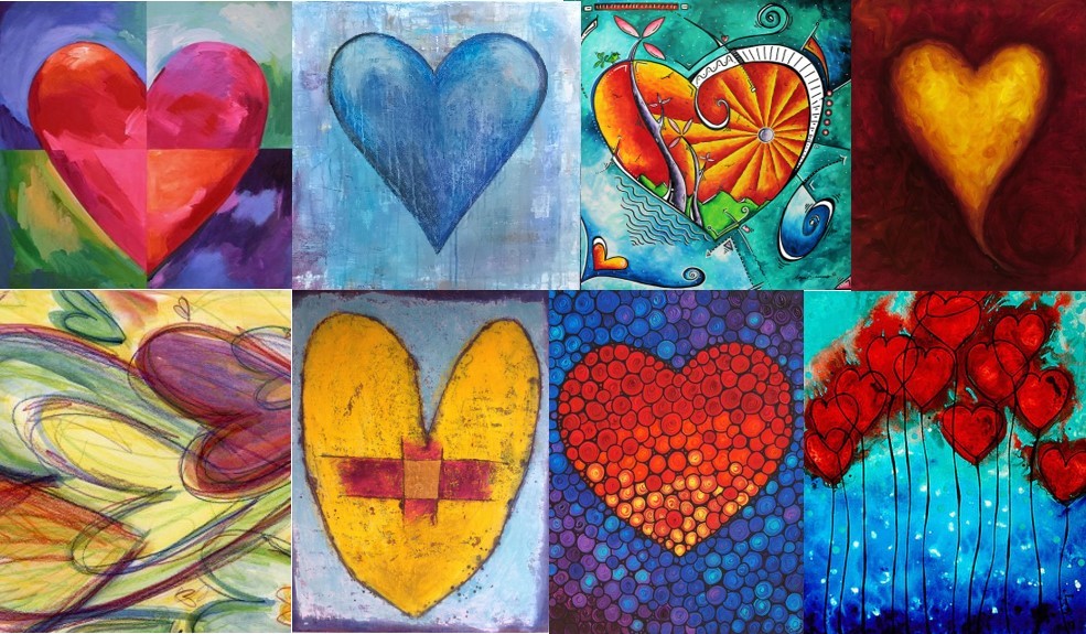 Healing Hearts Art Project photo showing custom painted heart shapes in a collage pattern