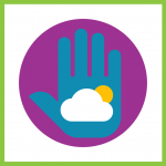 Daytime Buddy Button Decorative graphic of a blue hand with clouds and sun inside on purple circle background